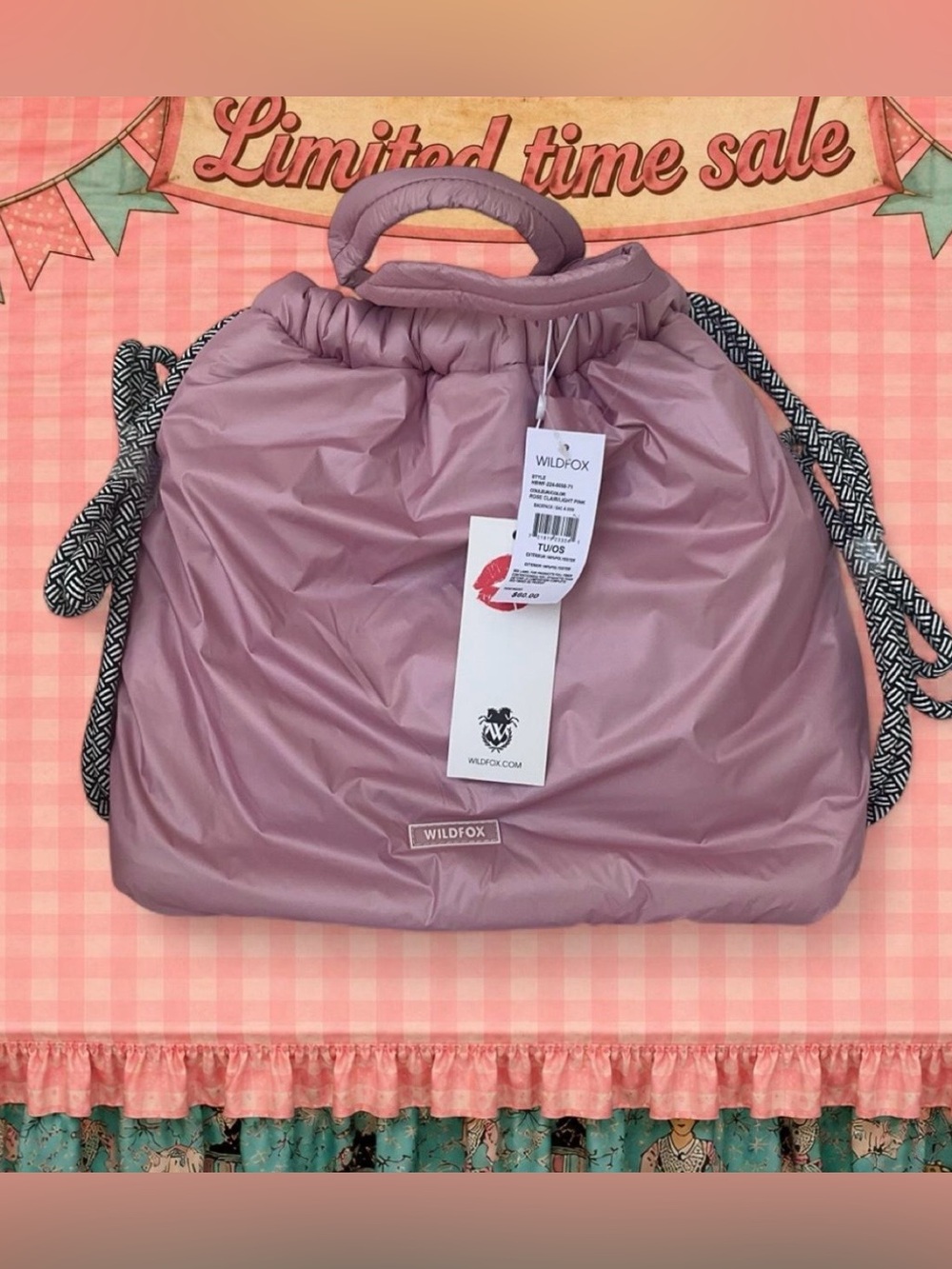 Wildfox Rose Clair Pink Puffy Drawstring Backpack Bag